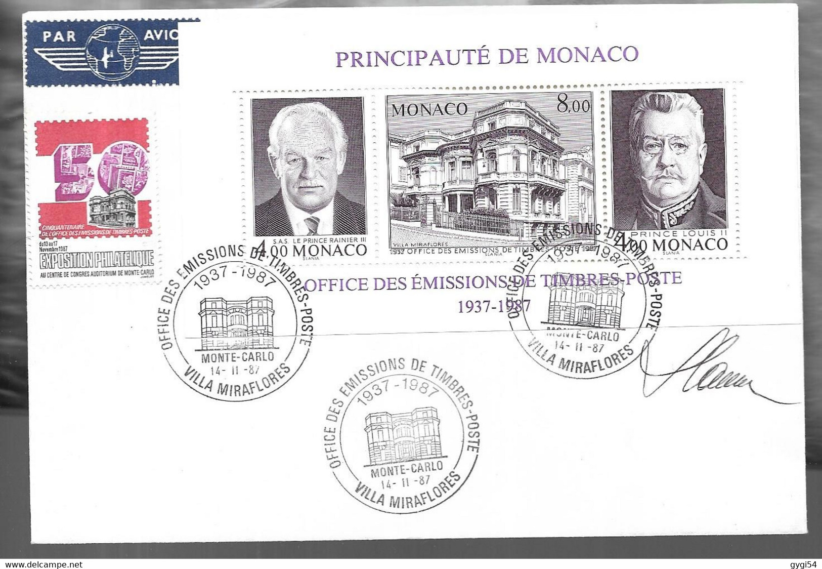 MONACO- 1987 Bloc N° 39, 50° Office Des Timbres, Sur Lettre - Brieven En Documenten