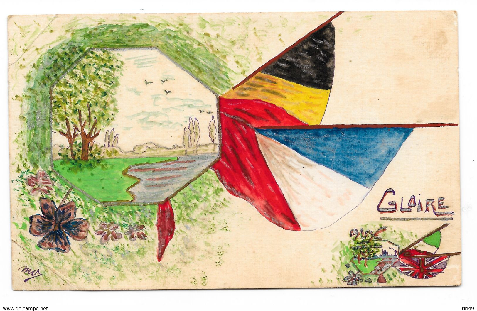 Carte Fait Main, Peint à La Main, Gloire Aux Alliés, Drapeaux Français Et Belge,dos Ecrit 1917 - Patriotic