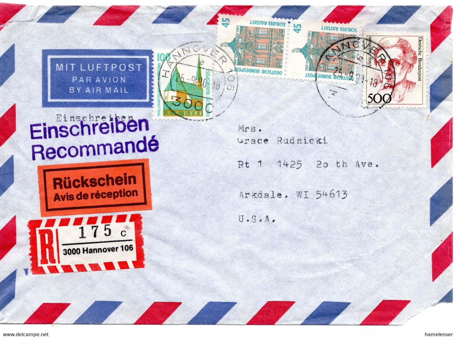 57802 - Bund - 1990 - 500Pfg Frauen MiF A R-RSchLpBf HANNOVER -> Arkdale, WI (USA) - Covers & Documents