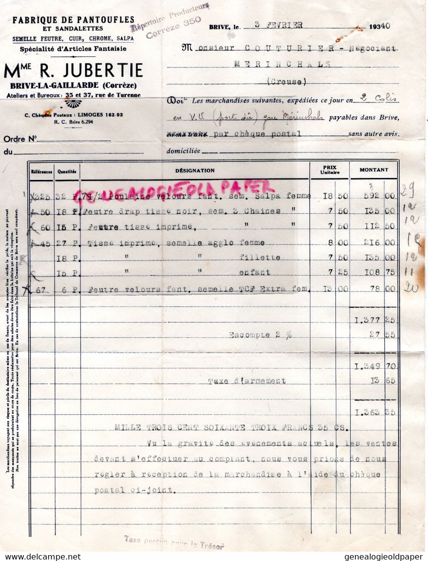 19- BRIVE- FACTURE MME R. JUBERTIE-FABRIQUE PANTOUFLES SANDALETTES- 35 RUE TURENNE- 1940 - Textile & Vestimentaire