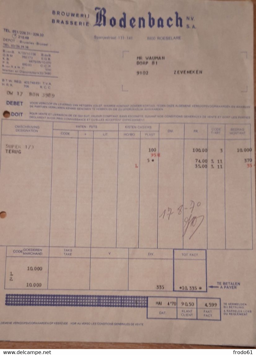 OUDE FACTUUR BROUWERIJ RODENBACH, ROESELARE, 1970 - Facturas