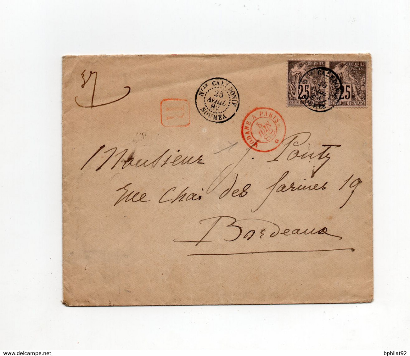!!! NOUVELLE CALEDONIE, LETTRE RECO DE NOUMEA DE 1888 POUR BORDEAUX - Cartas & Documentos