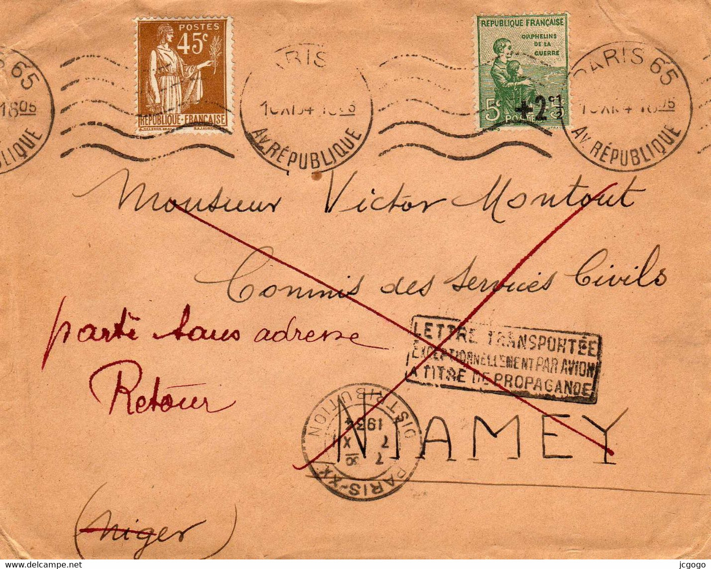 LETTRE NIGER NIAMEY PARIS 1934    Lettre Transportée Exceptionnellement Par Avion à Titre De Propagande. - Covers & Documents