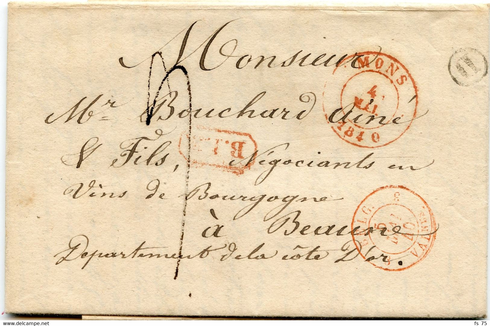 BELGIQUE - CAD MONS SUR LETTRE AVEC CORRESPONDANCE DE PATURAGES POUR LA FRANCE, 1840 - 1830-1849 (Onafhankelijk België)