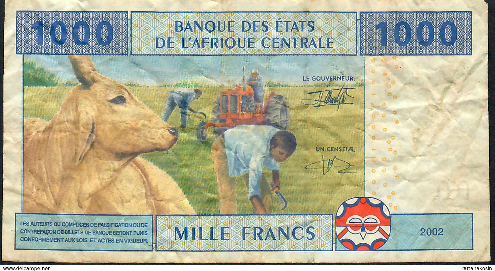 C.A.S. P307Ma 1000 FRANCS 2002 Signature 5 FIRST SIGNATURE  F-VF NO P.h. - Zentralafrikanische Staaten