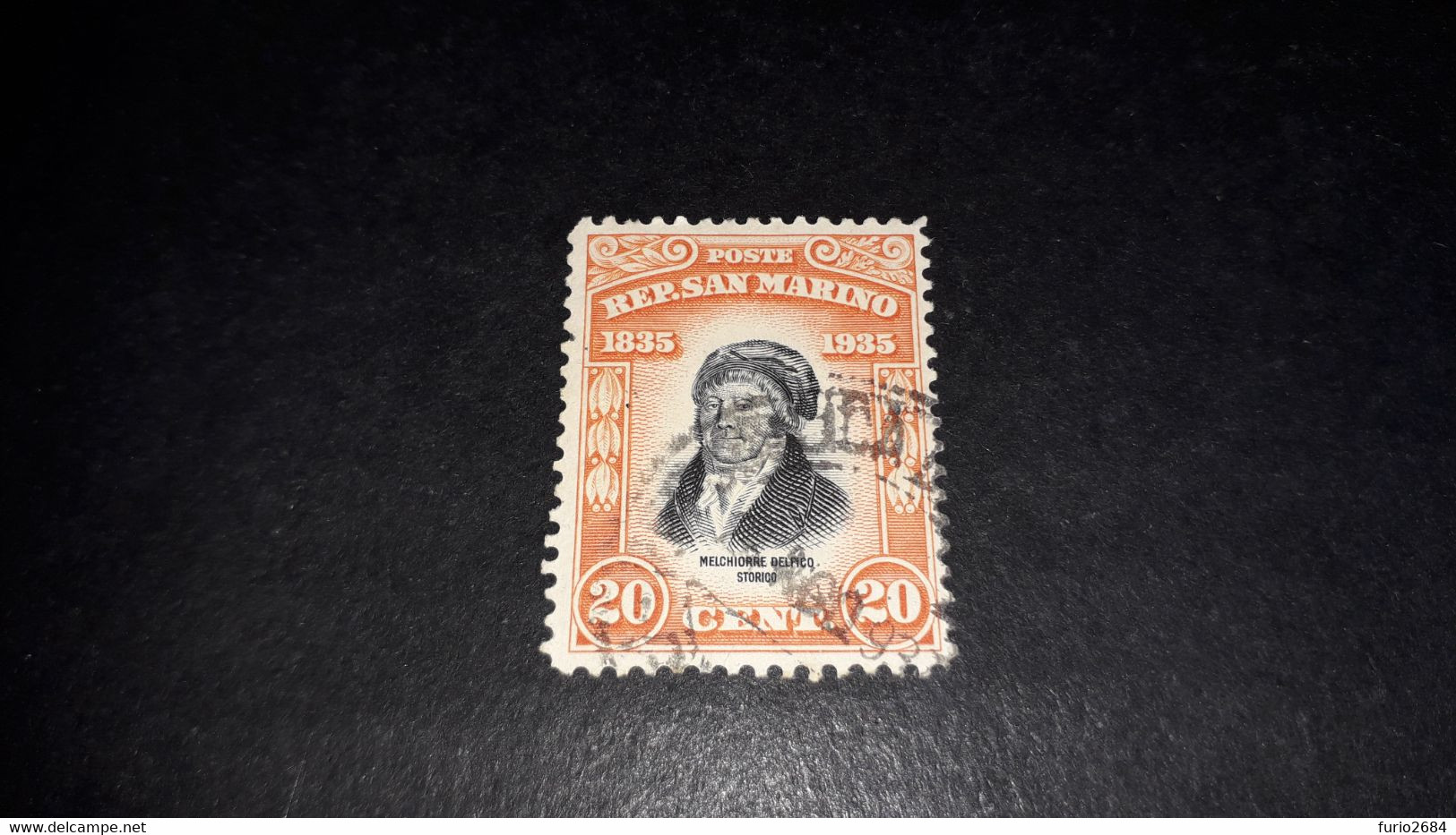 04AL13 SAN MARINO 1935 CENTENARIO MORTE DI MELCHIORRE DELFICO 20 CENT. "XO" - Used Stamps