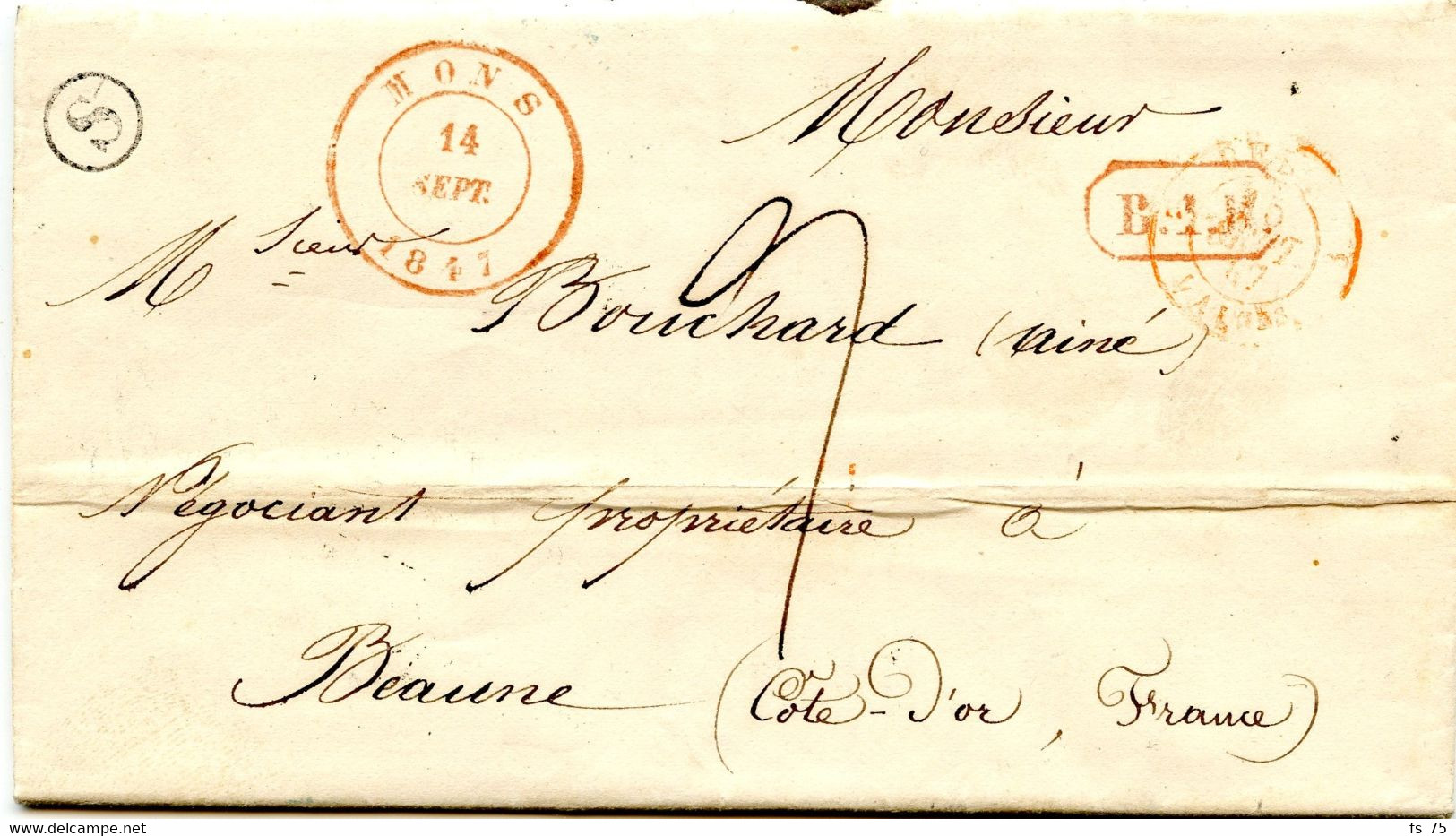 BELGIQUE - CAD MONS + BOITE S SUR LETTRE AVEC CORRESPONDANCE DE HARMIGNIES POUR LA FRANCE, 1847 - 1830-1849 (Belgique Indépendante)