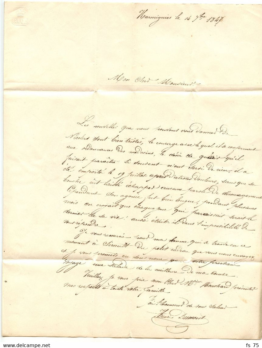 BELGIQUE - CAD MONS + BOITE S SUR LETTRE AVEC CORRESPONDANCE DE HARMIGNIES POUR LA FRANCE, 1847 - 1830-1849 (Belgique Indépendante)