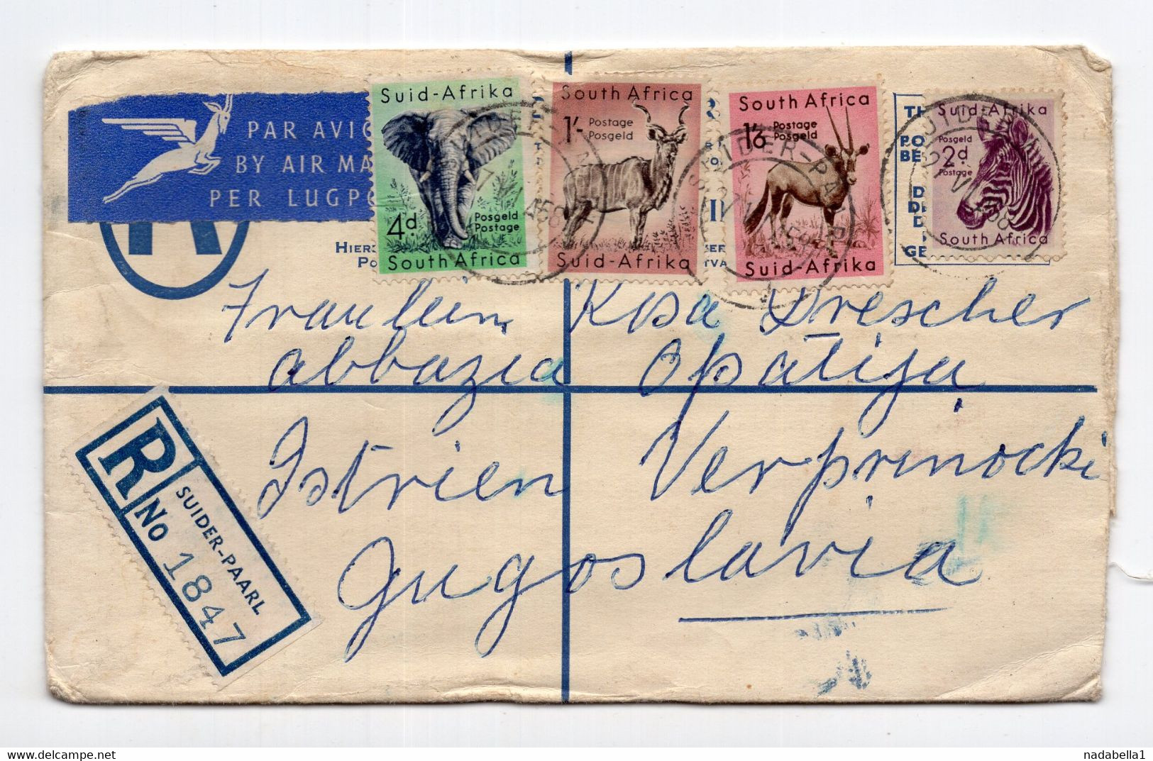 1958. SOUTH AFRICA,SUIDER-PAARL TO YUGOSLAVIA,REGISTERED AIRMAIL COVER TO OPATIJA,CROATIA - Poste Aérienne
