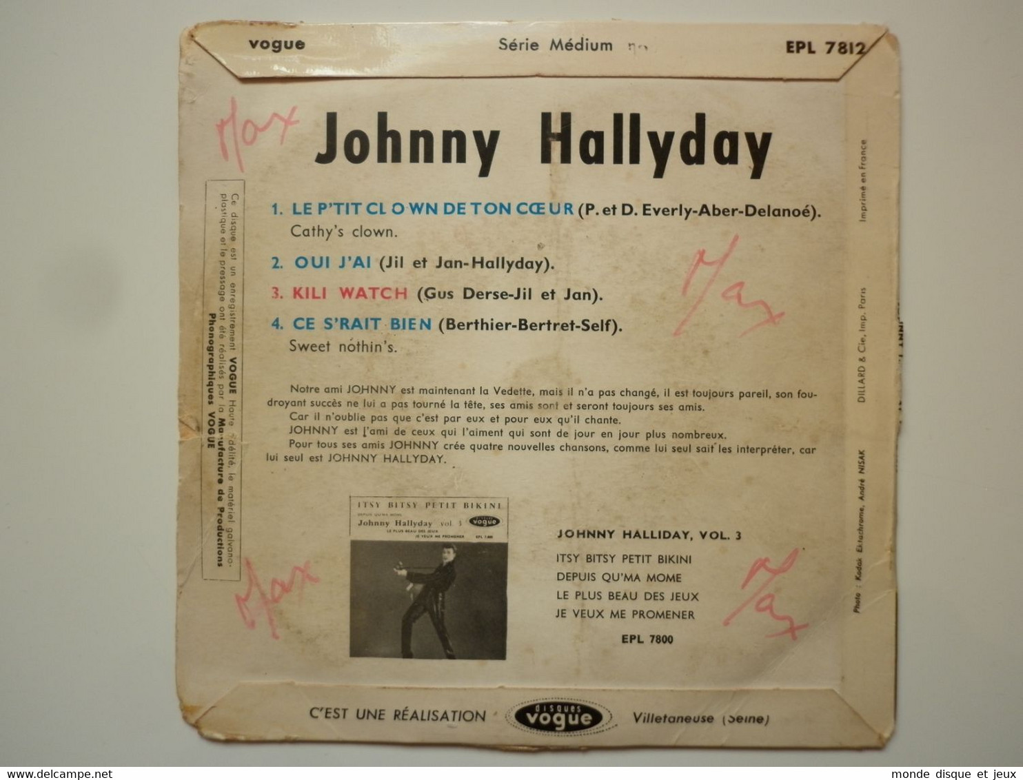 Johnny Hallyday 45Tours EP Vinyle Kili Watch / Ce Serait Bien Vogue Particularité - 45 T - Maxi-Single