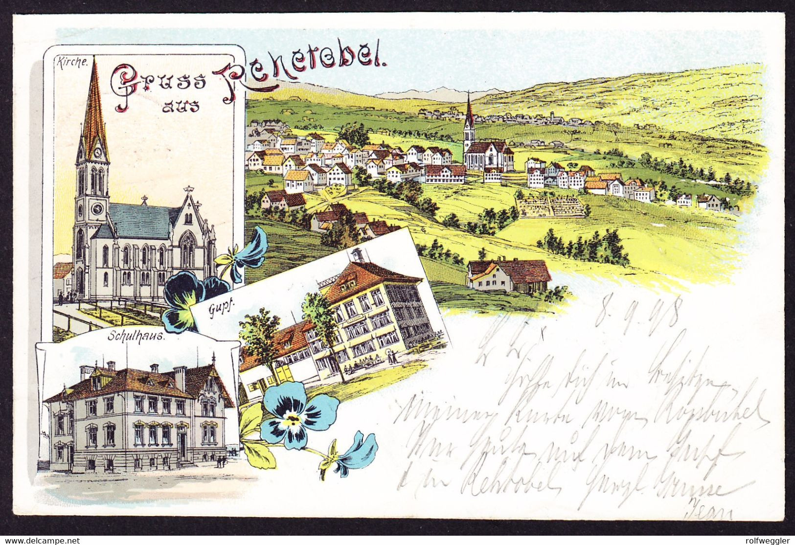 1898 Gelaufene Litho AK: Gruss Aus Rehetobel, 4 Bildrig. Mit Gupf Und Schulhaus. Nach Winterthur - Rehetobel