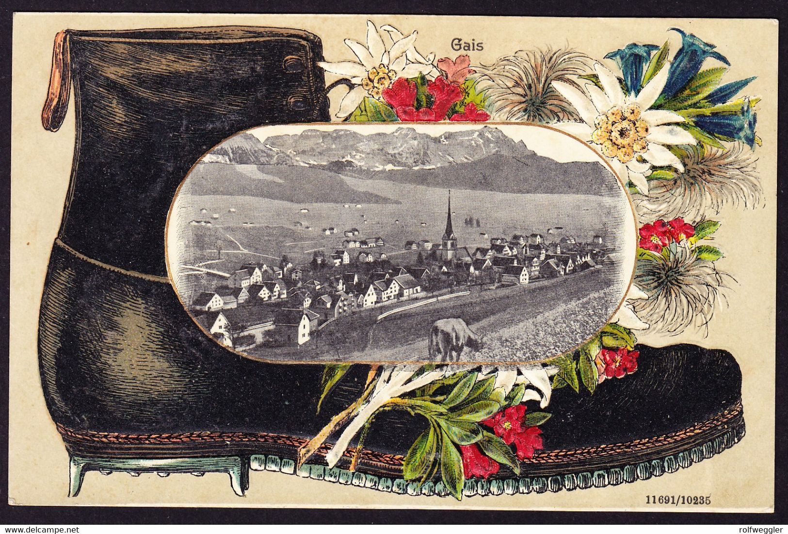 1910 Gelaufene AK:Gais. Bergschuh Mit Blumen, Reliefkarte. Leichter Eckbug Oben Rechts. Nach Bülach - Gais