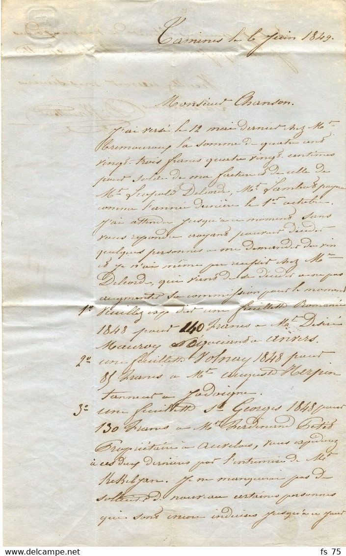 BELGIQUE - CAD SPY  + BOITE Q SUR LETTRE AVEC CORRESPONDANCE DE TAMINES POUR LA FRANCE, 1849 - 1830-1849 (Onafhankelijk België)