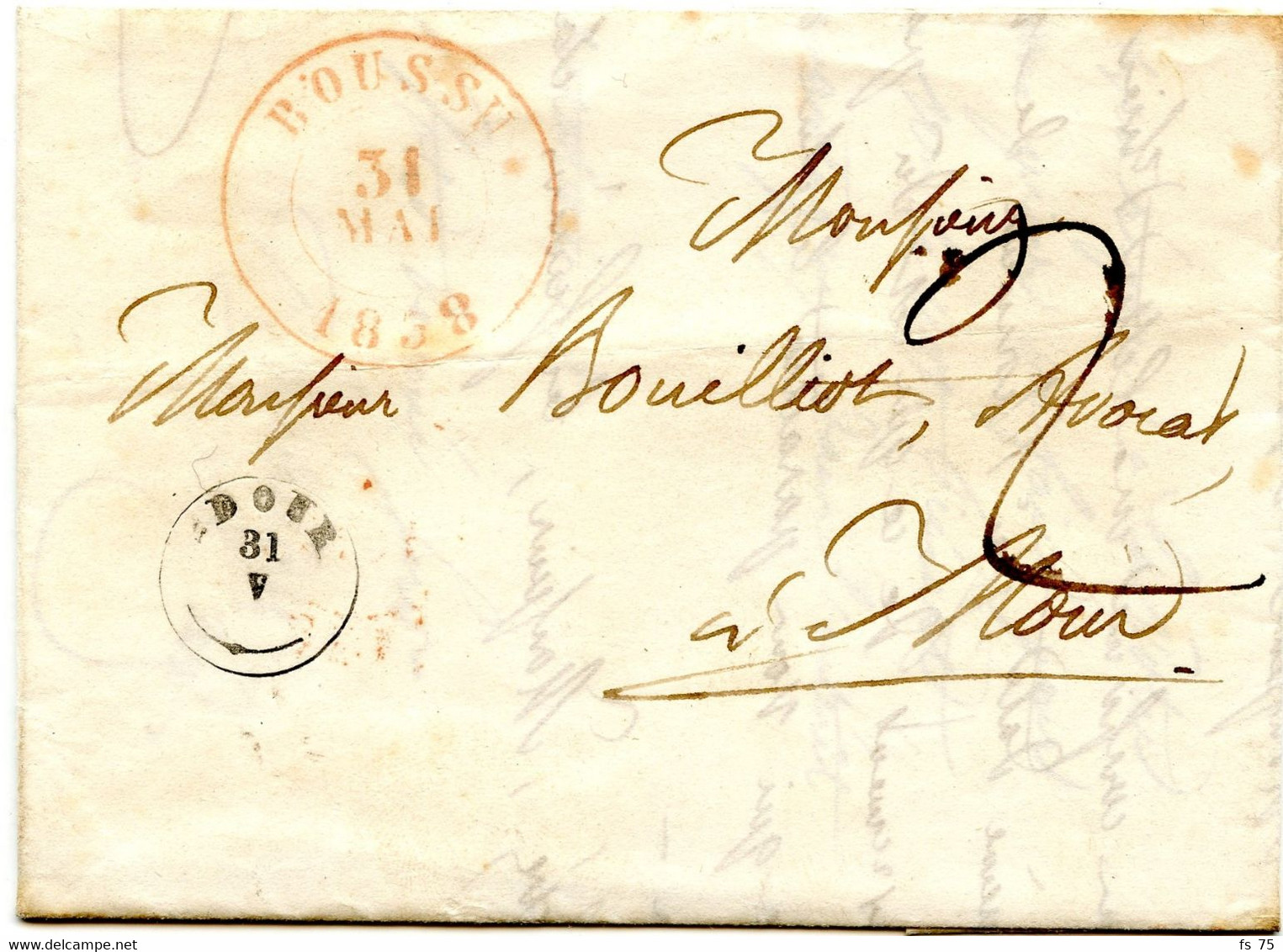 BELGIQUE - T18 DOUR +  BOUSSU ROUGE SUR LETTRE AVEC TEXTE, 1838 - 1830-1849 (Belgique Indépendante)