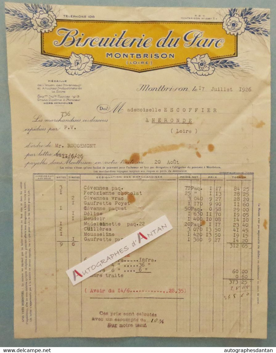 MONTBRISON Facture 1926 BISCUITERIE DU PARC à Mlle Escoffier à Néronde - Produits Cévennes Forez - Loire 42 - Food