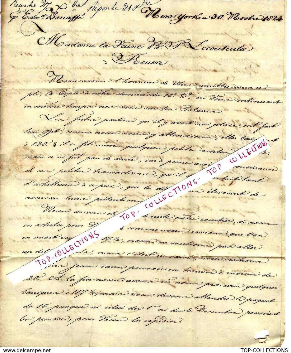 1824 Lettre De New York COMMERCE NEGOCE INTERNATIONAL COTON Pour Vve Lecoulteux à Rouen  V.HISTORIQUE - Verenigde Staten