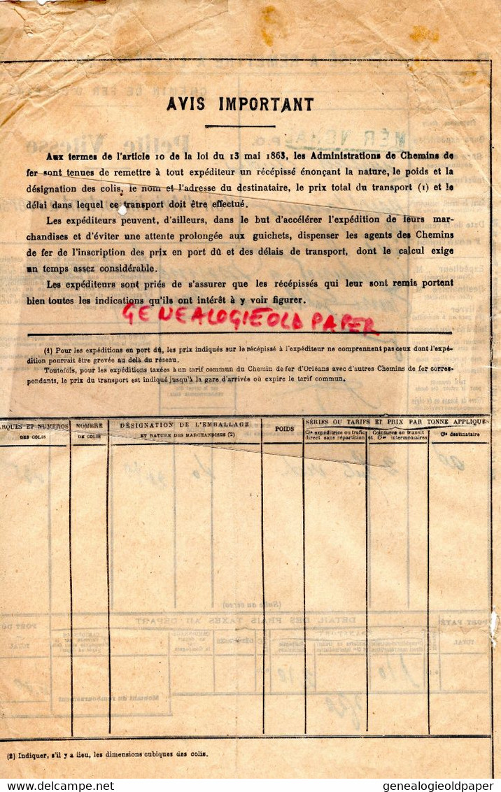 23- MERINCHAL- RARE RECEPISSE CHEMIN DE FER PETITE VITESSE ORLEANS- NEUSSARGUES-WAGONS GARE - Transports