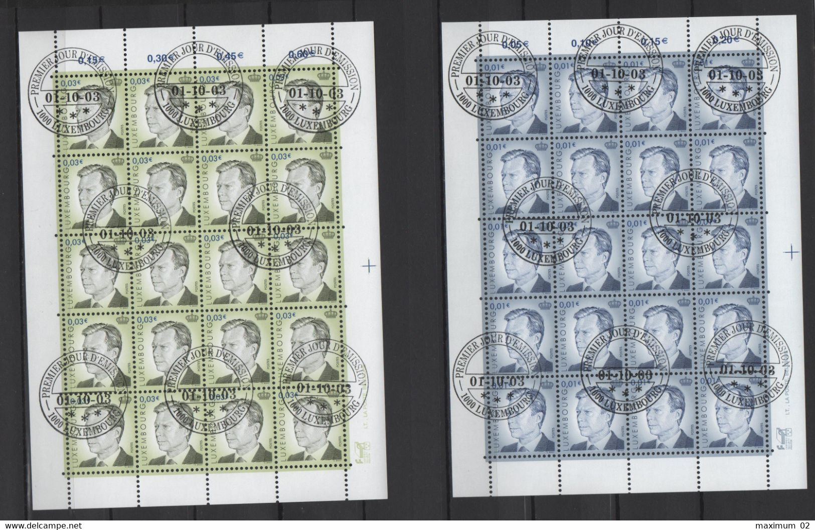 Luxemburg 2003 - Kompletter Bogen Freimarken Mi 1618 + 1619 Großherzog Henri / FDC 1.10.2003 - Used Stamps