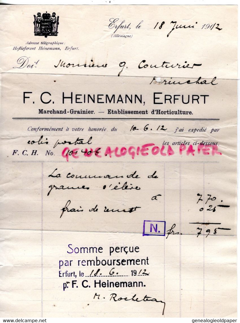 ALLEMAGNE- ERFURT- RARE FACTURE F.C. HEINEMANN -MARCHAND GRAINIER-HORTICULTURE-COUTURIER DOCTEUR MERINCHAL - Agricultura