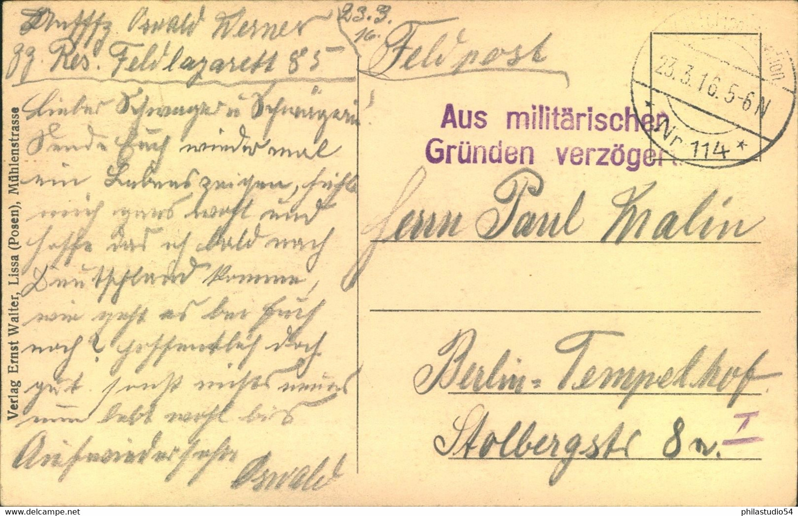 1916, Feldpostkarte Nach Berlin, "Aus Militärischen Gründen Verzögert" - Feldpost (franchise)