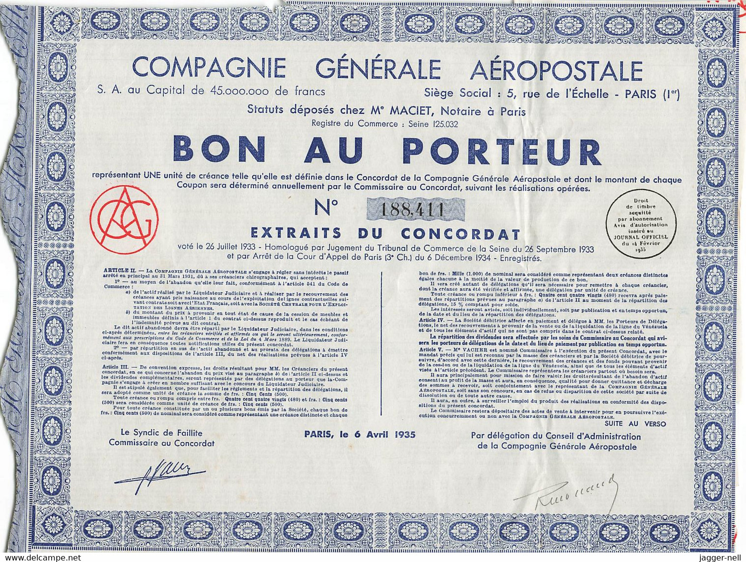 Superbe Lot De 40 "Bon Au Porteur" Compagnie Générale Aéropostale - Aviation - 6 Avril 1935 - N°188 410 à 188 530 - - Fliegerei