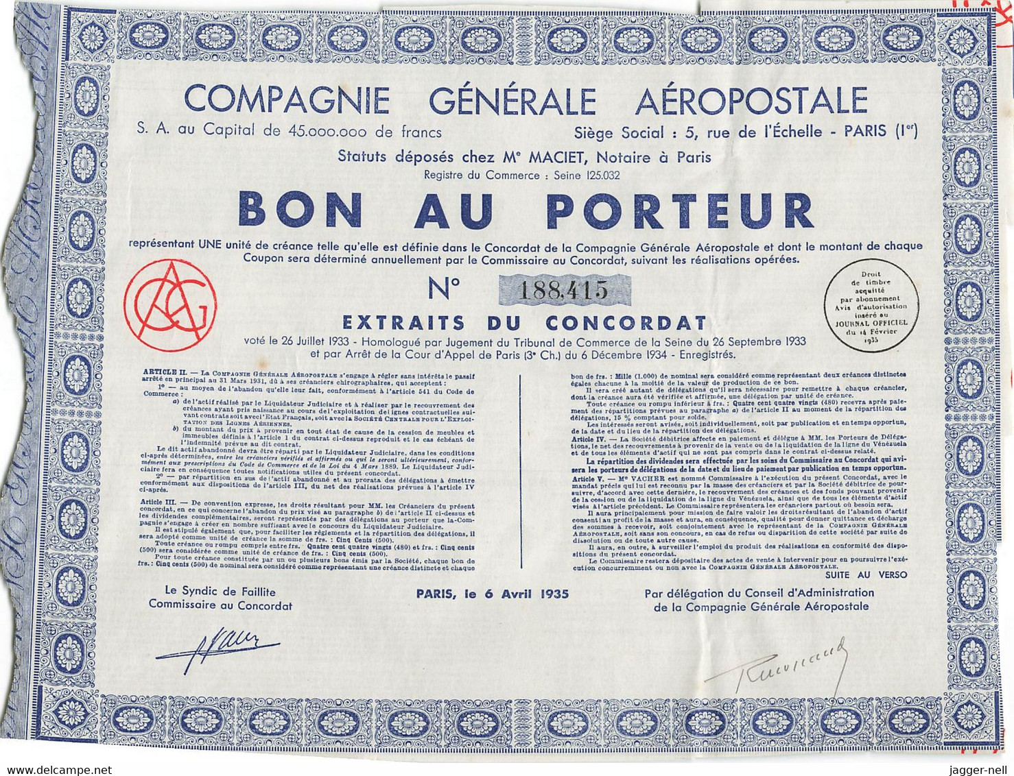 Superbe Lot De 40 "Bon Au Porteur" Compagnie Générale Aéropostale - Aviation - 6 Avril 1935 - N°188 410 à 188 530 - - Aviación