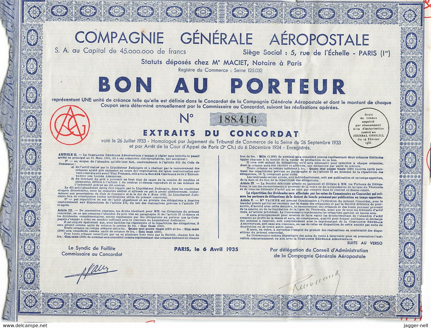 Superbe Lot de 40 "Bon au Porteur" Compagnie Générale Aéropostale - Aviation - 6 Avril 1935 - N°188 410 à 188 530 -