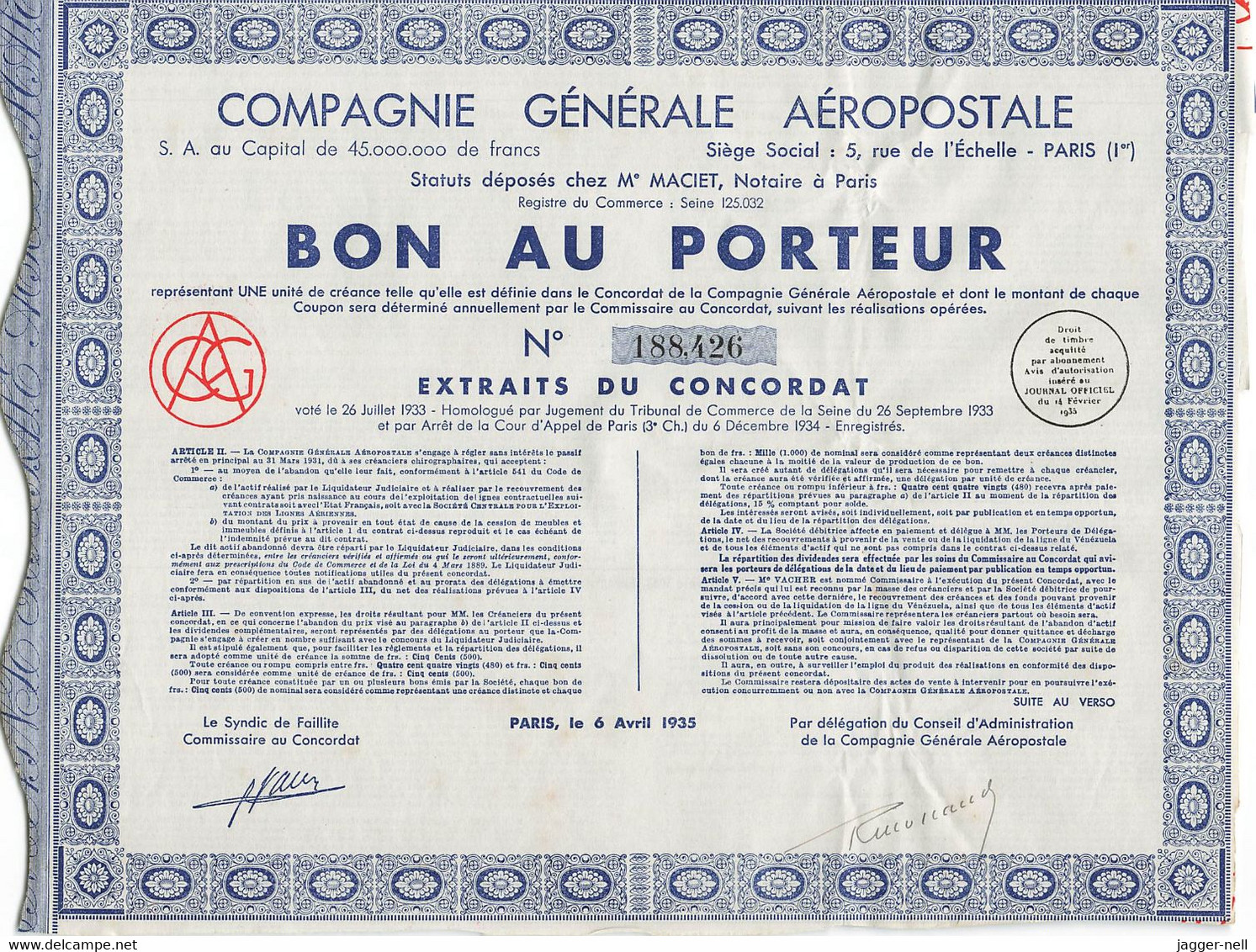 Superbe Lot de 40 "Bon au Porteur" Compagnie Générale Aéropostale - Aviation - 6 Avril 1935 - N°188 410 à 188 530 -