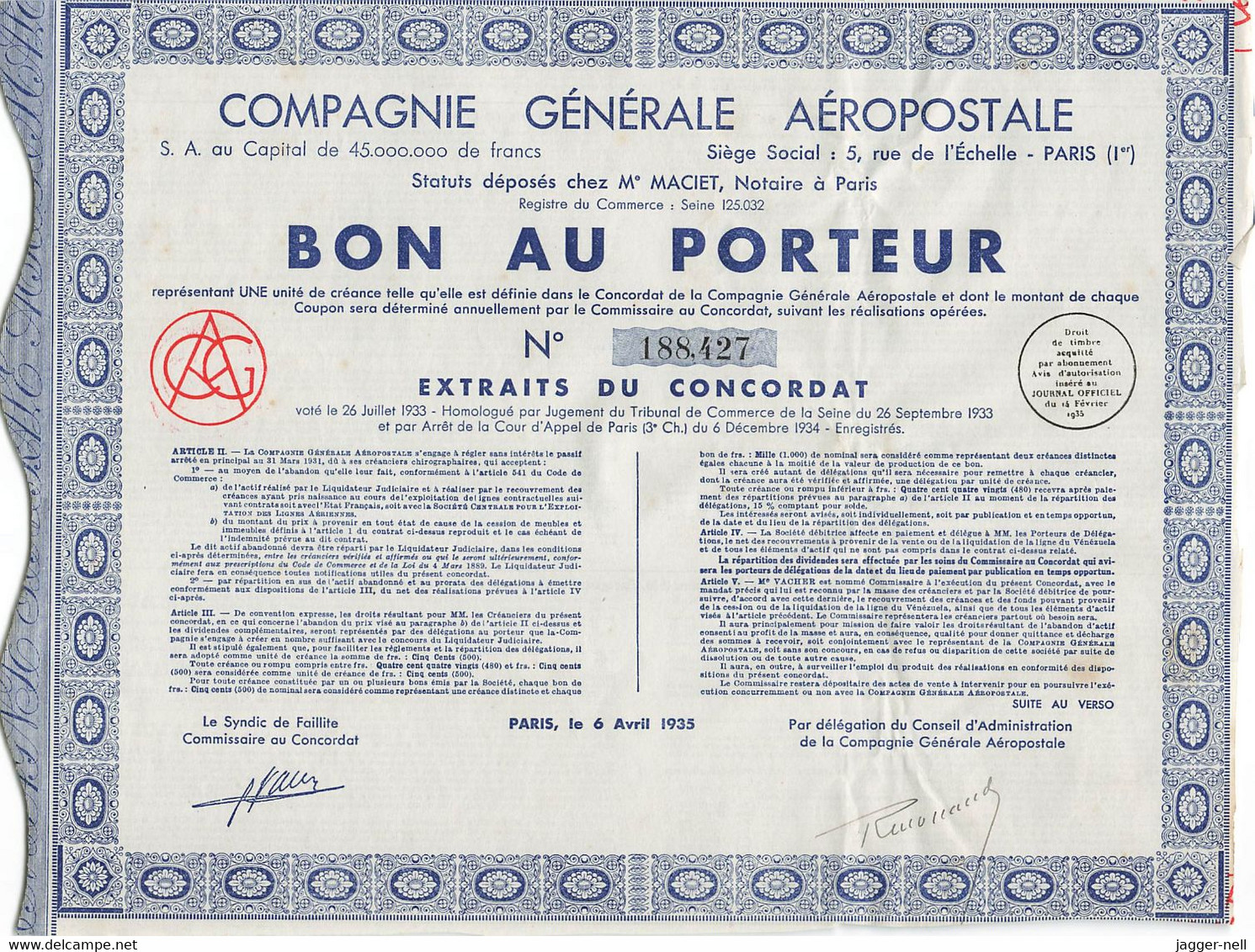 Superbe Lot de 40 "Bon au Porteur" Compagnie Générale Aéropostale - Aviation - 6 Avril 1935 - N°188 410 à 188 530 -