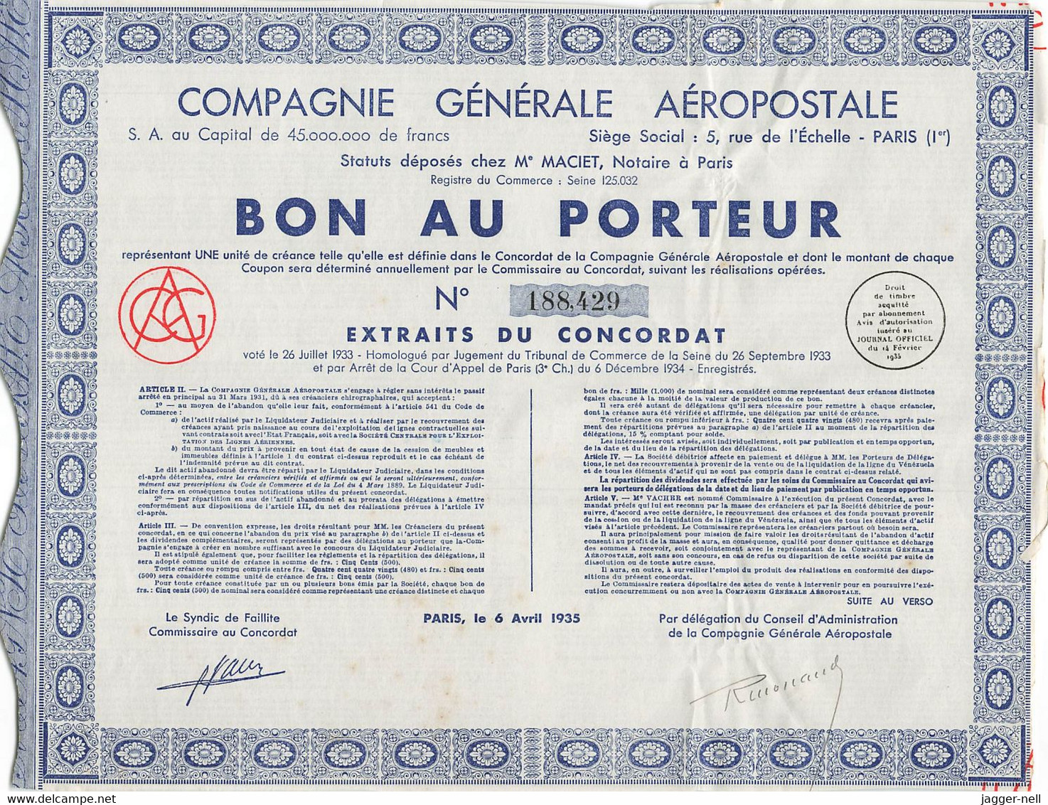 Superbe Lot de 40 "Bon au Porteur" Compagnie Générale Aéropostale - Aviation - 6 Avril 1935 - N°188 410 à 188 530 -