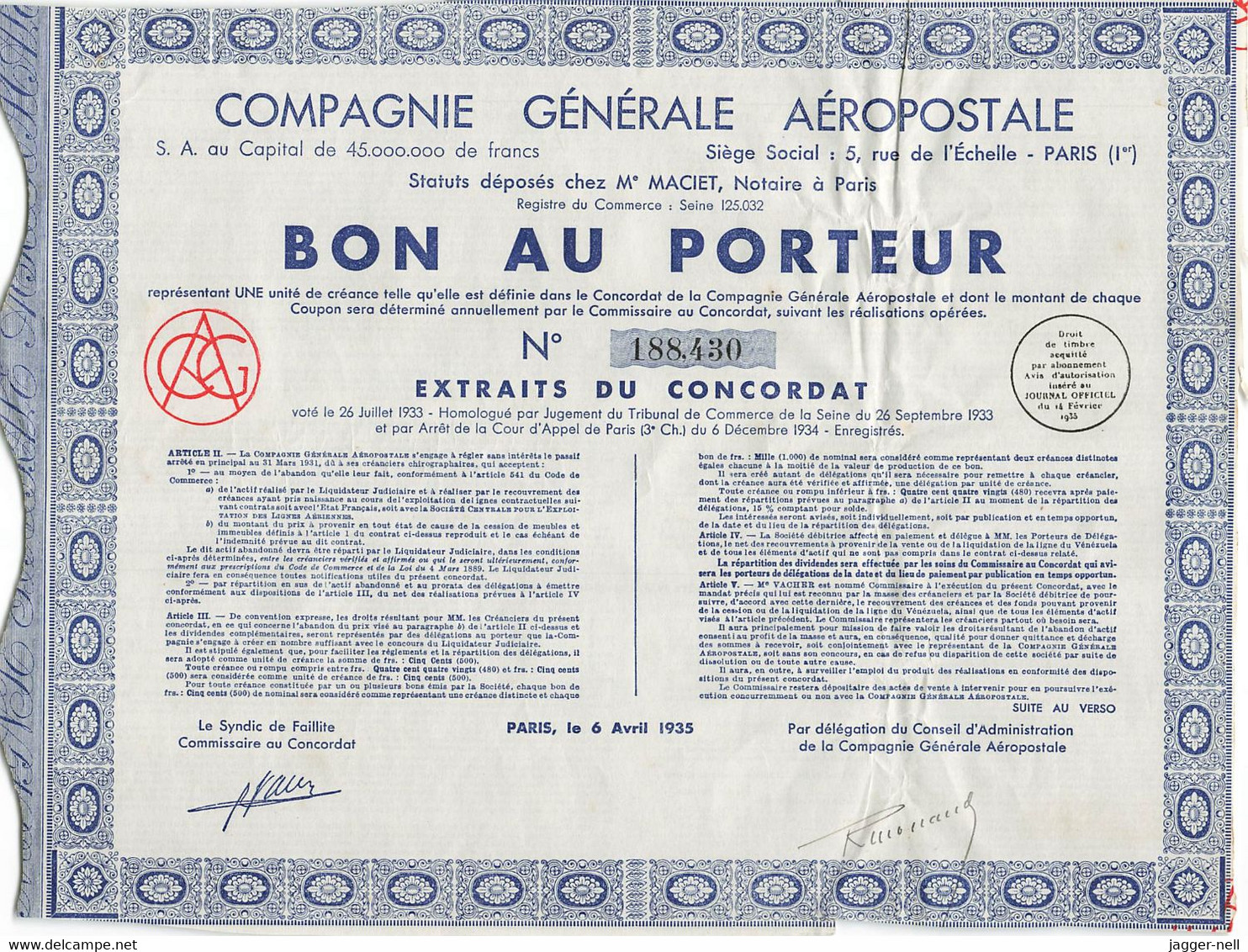 Superbe Lot de 40 "Bon au Porteur" Compagnie Générale Aéropostale - Aviation - 6 Avril 1935 - N°188 410 à 188 530 -