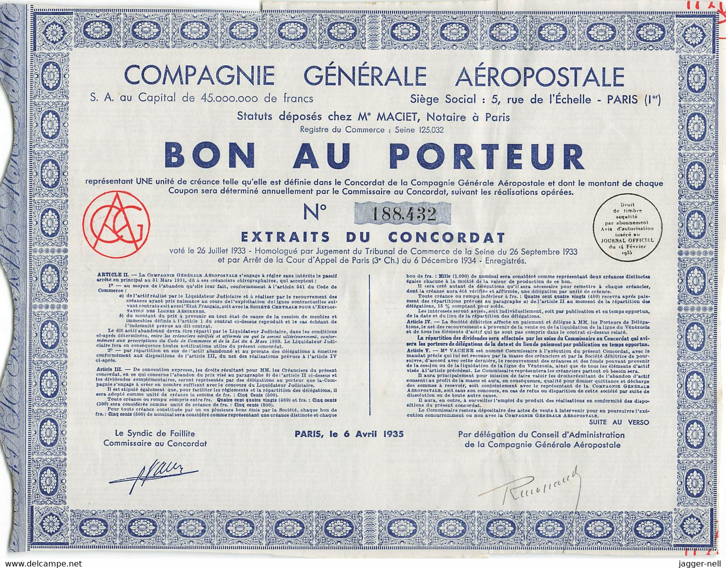 Superbe Lot de 40 "Bon au Porteur" Compagnie Générale Aéropostale - Aviation - 6 Avril 1935 - N°188 410 à 188 530 -