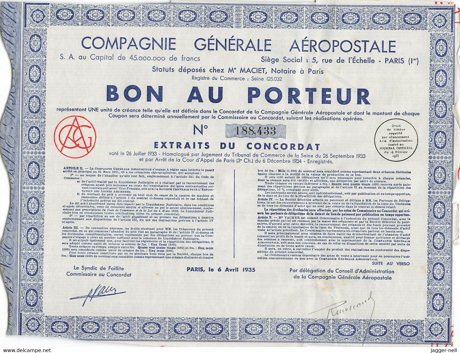 Superbe Lot de 40 "Bon au Porteur" Compagnie Générale Aéropostale - Aviation - 6 Avril 1935 - N°188 410 à 188 530 -