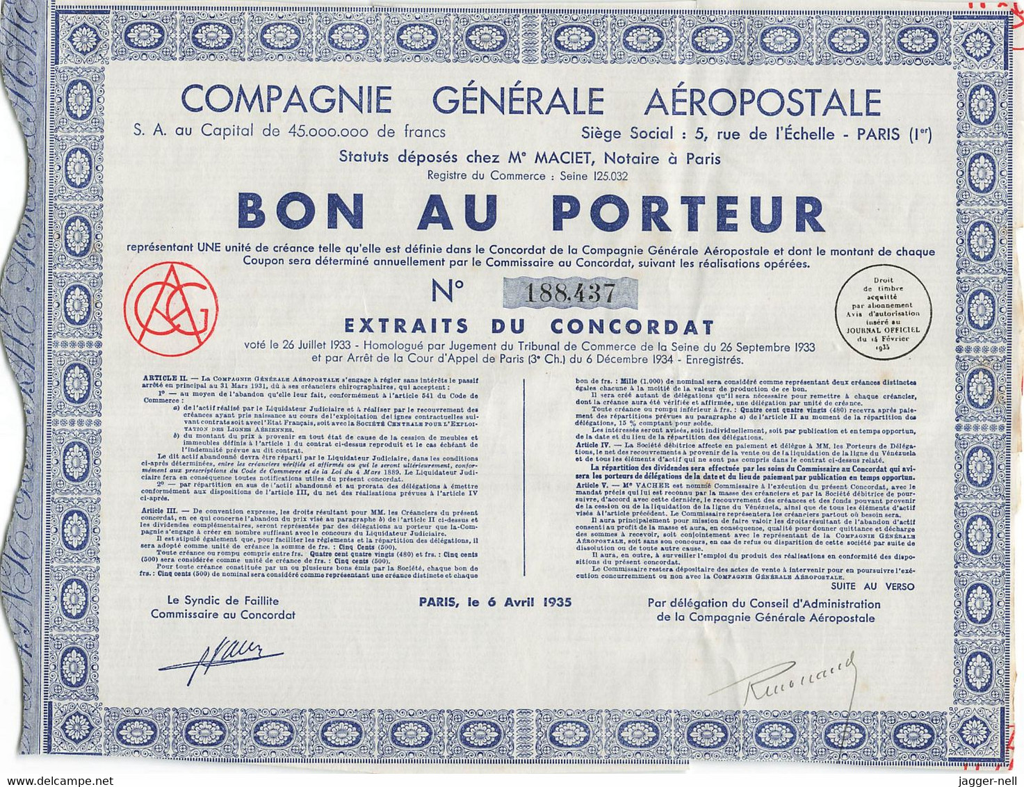 Superbe Lot de 40 "Bon au Porteur" Compagnie Générale Aéropostale - Aviation - 6 Avril 1935 - N°188 410 à 188 530 -