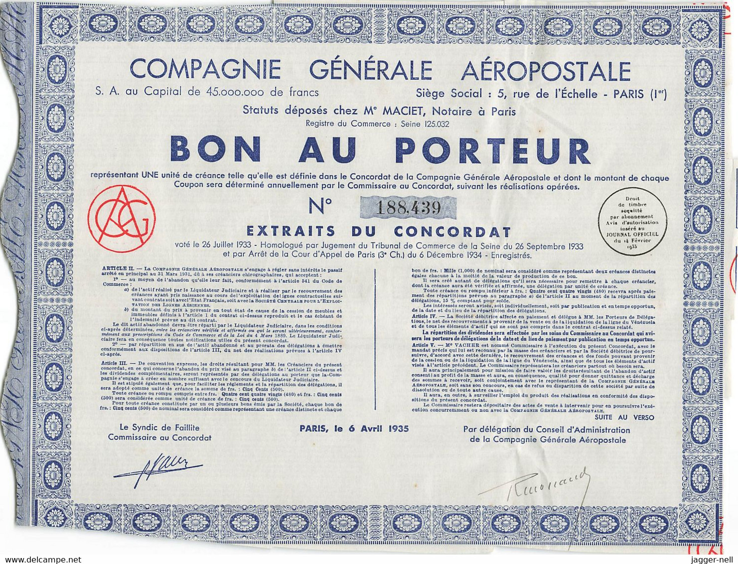 Superbe Lot de 40 "Bon au Porteur" Compagnie Générale Aéropostale - Aviation - 6 Avril 1935 - N°188 410 à 188 530 -