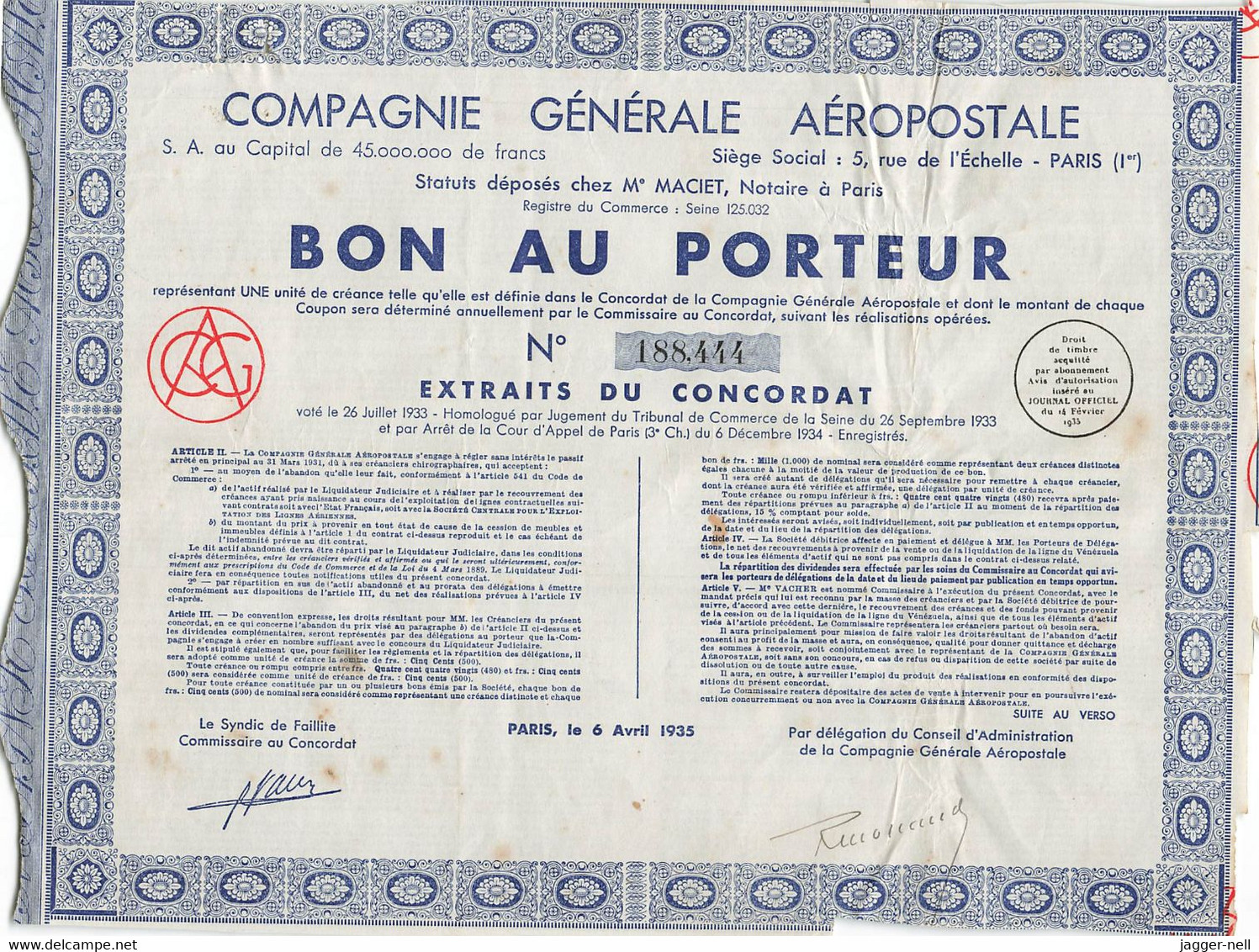 Superbe Lot de 40 "Bon au Porteur" Compagnie Générale Aéropostale - Aviation - 6 Avril 1935 - N°188 410 à 188 530 -