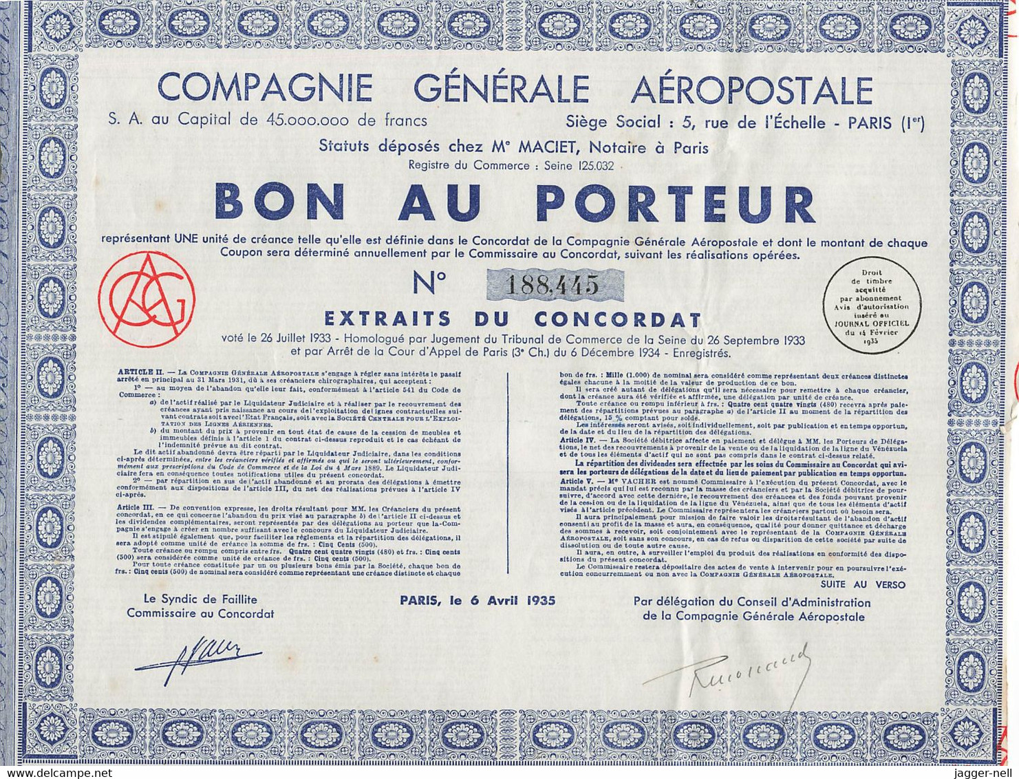 Superbe Lot de 40 "Bon au Porteur" Compagnie Générale Aéropostale - Aviation - 6 Avril 1935 - N°188 410 à 188 530 -