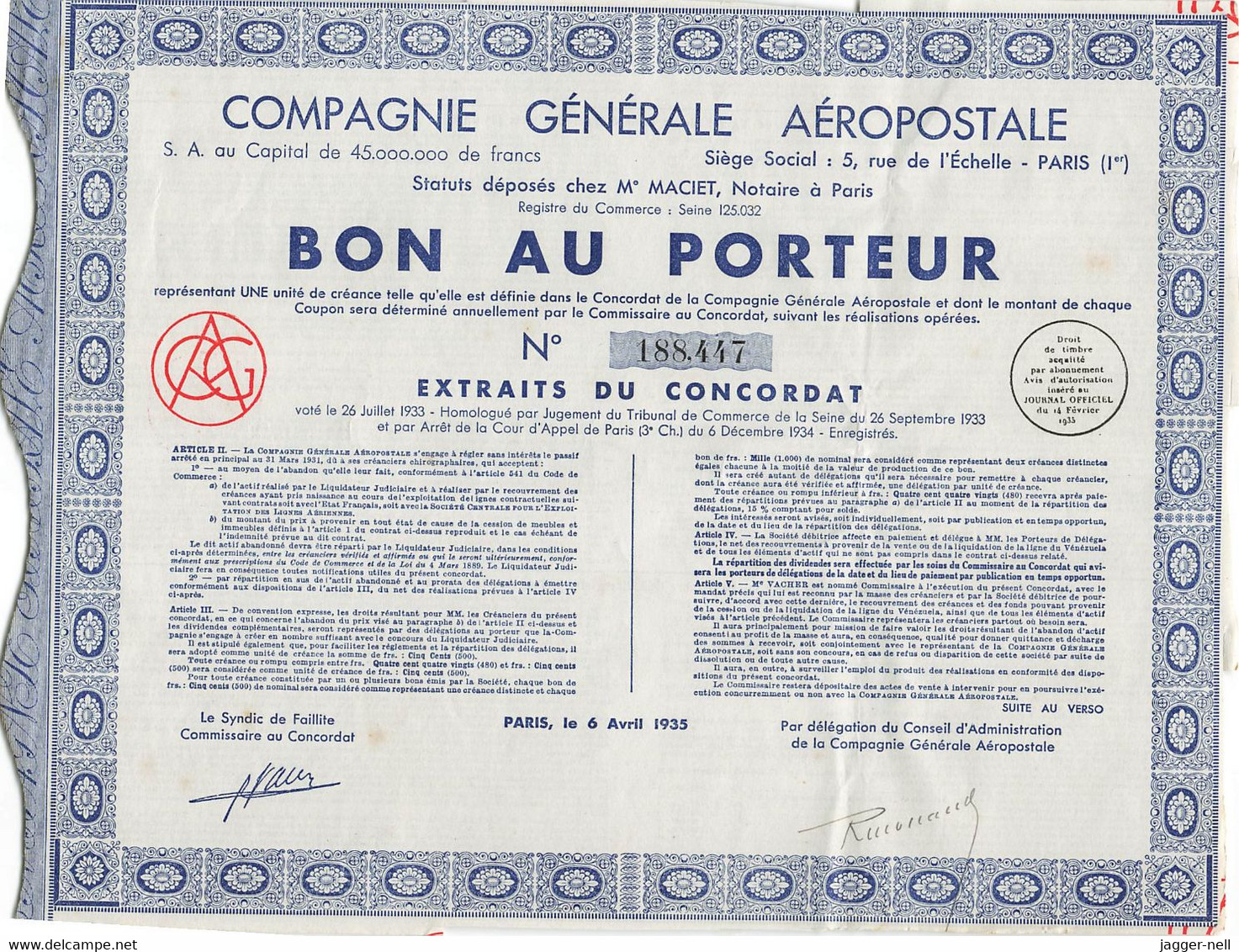 Superbe Lot de 40 "Bon au Porteur" Compagnie Générale Aéropostale - Aviation - 6 Avril 1935 - N°188 410 à 188 530 -