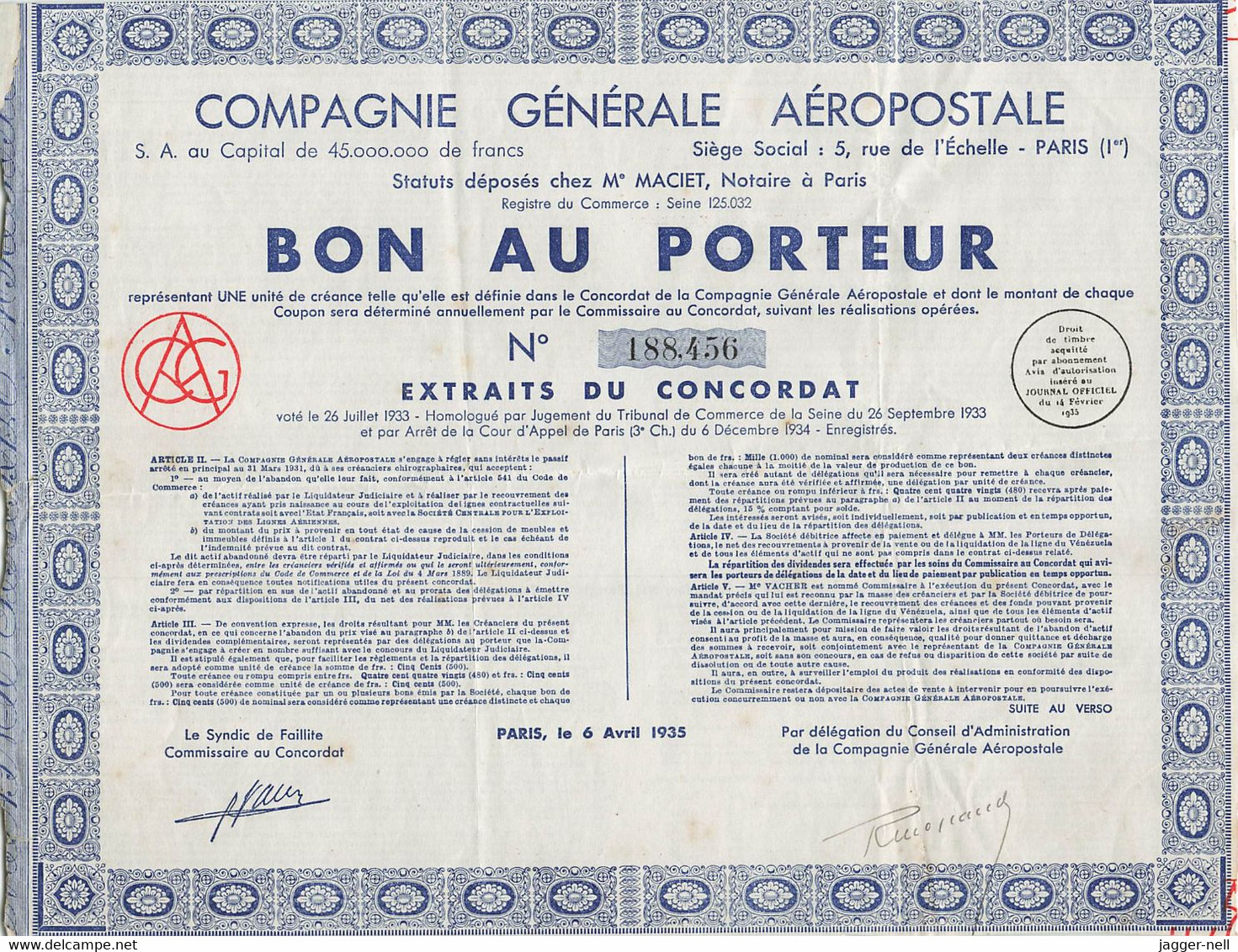 Superbe Lot de 40 "Bon au Porteur" Compagnie Générale Aéropostale - Aviation - 6 Avril 1935 - N°188 410 à 188 530 -