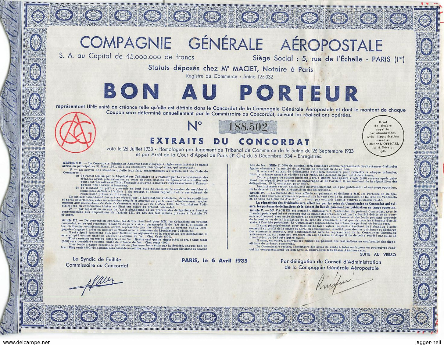 Superbe Lot de 40 "Bon au Porteur" Compagnie Générale Aéropostale - Aviation - 6 Avril 1935 - N°188 410 à 188 530 -