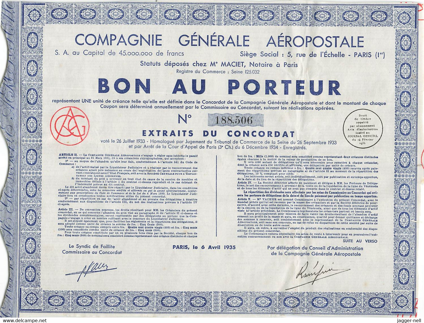 Superbe Lot de 40 "Bon au Porteur" Compagnie Générale Aéropostale - Aviation - 6 Avril 1935 - N°188 410 à 188 530 -