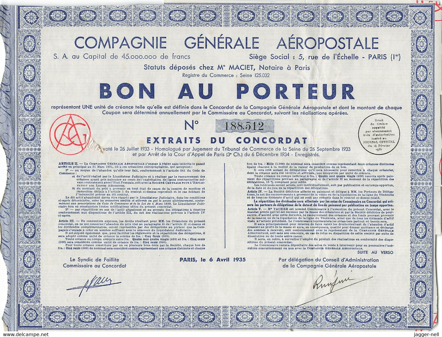 Superbe Lot de 40 "Bon au Porteur" Compagnie Générale Aéropostale - Aviation - 6 Avril 1935 - N°188 410 à 188 530 -