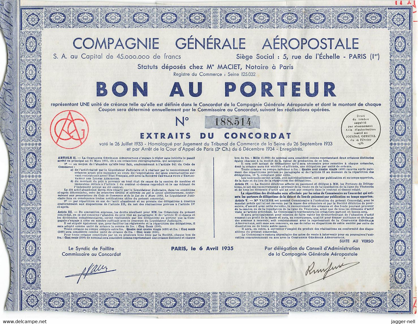 Superbe Lot de 40 "Bon au Porteur" Compagnie Générale Aéropostale - Aviation - 6 Avril 1935 - N°188 410 à 188 530 -