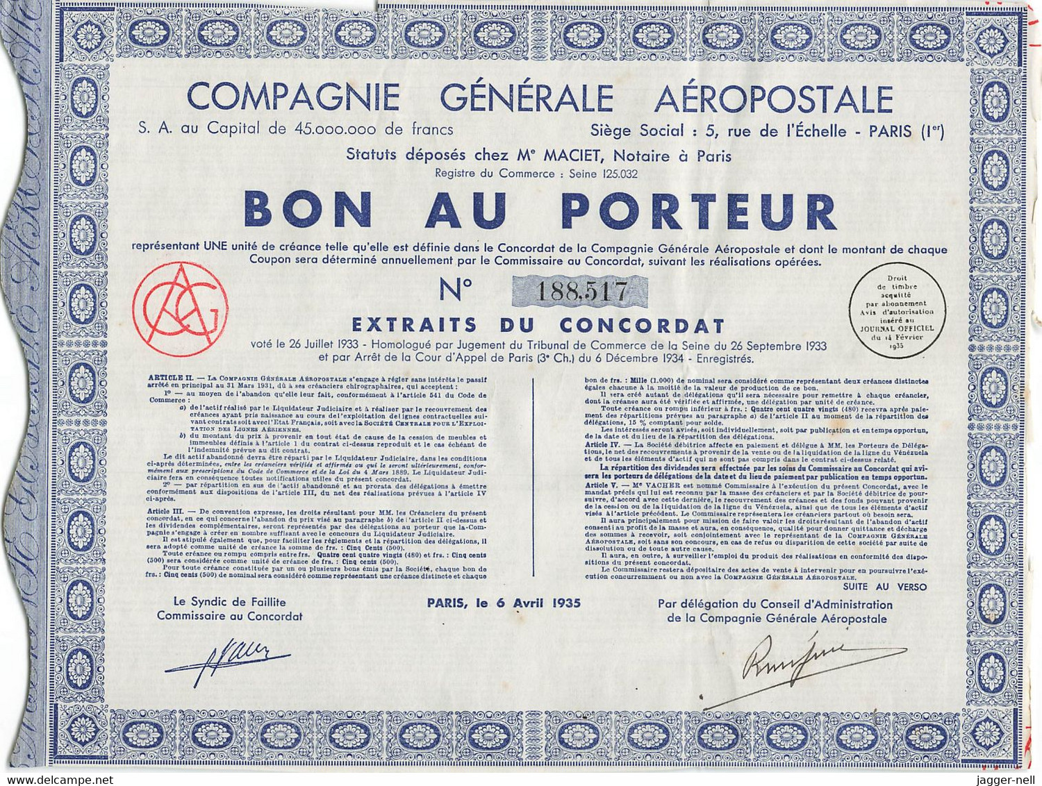 Superbe Lot de 40 "Bon au Porteur" Compagnie Générale Aéropostale - Aviation - 6 Avril 1935 - N°188 410 à 188 530 -