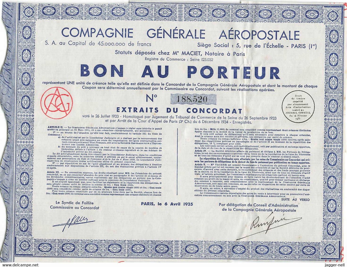 Superbe Lot de 40 "Bon au Porteur" Compagnie Générale Aéropostale - Aviation - 6 Avril 1935 - N°188 410 à 188 530 -