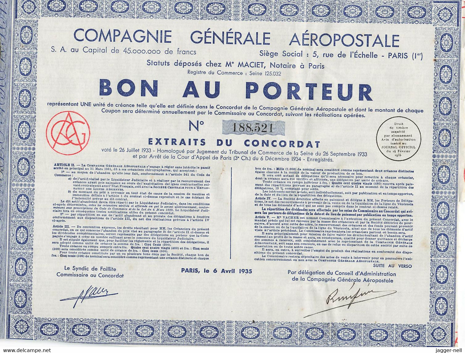 Superbe Lot de 40 "Bon au Porteur" Compagnie Générale Aéropostale - Aviation - 6 Avril 1935 - N°188 410 à 188 530 -