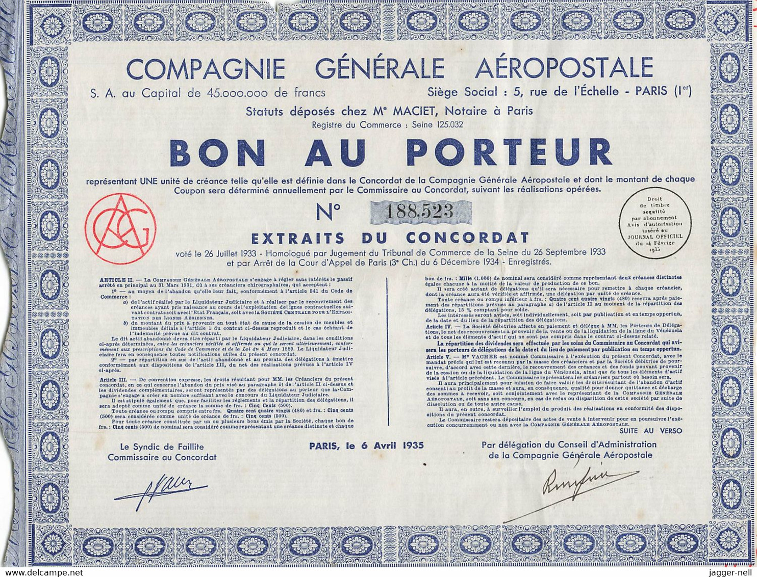 Superbe Lot de 40 "Bon au Porteur" Compagnie Générale Aéropostale - Aviation - 6 Avril 1935 - N°188 410 à 188 530 -