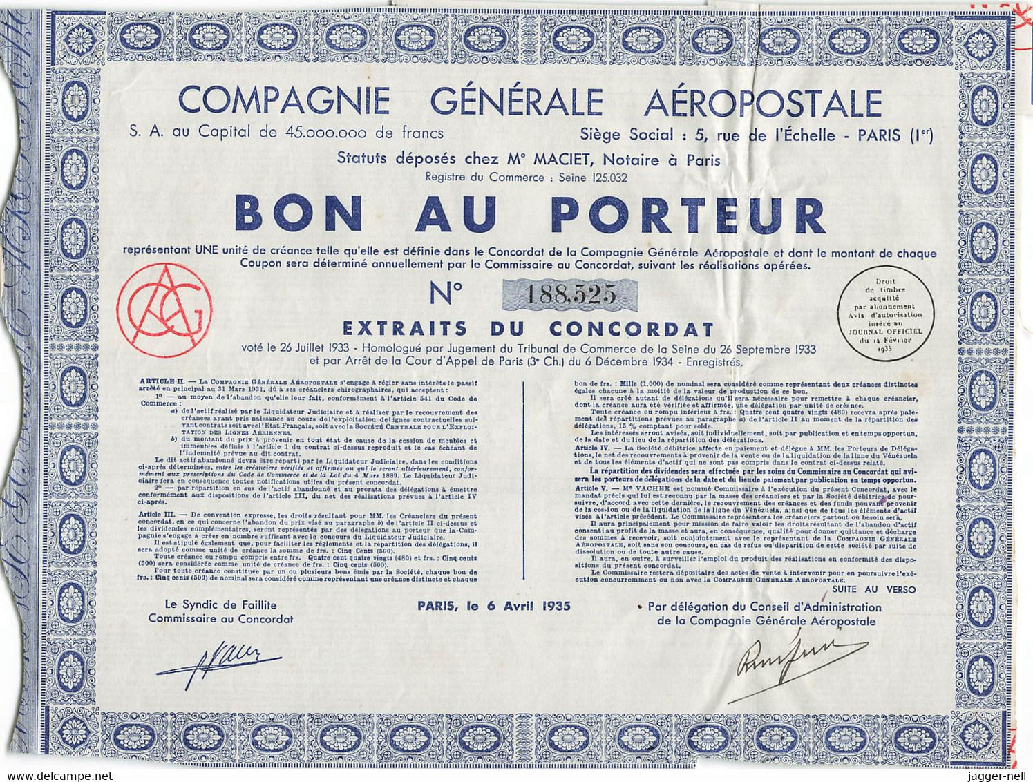 Superbe Lot de 40 "Bon au Porteur" Compagnie Générale Aéropostale - Aviation - 6 Avril 1935 - N°188 410 à 188 530 -