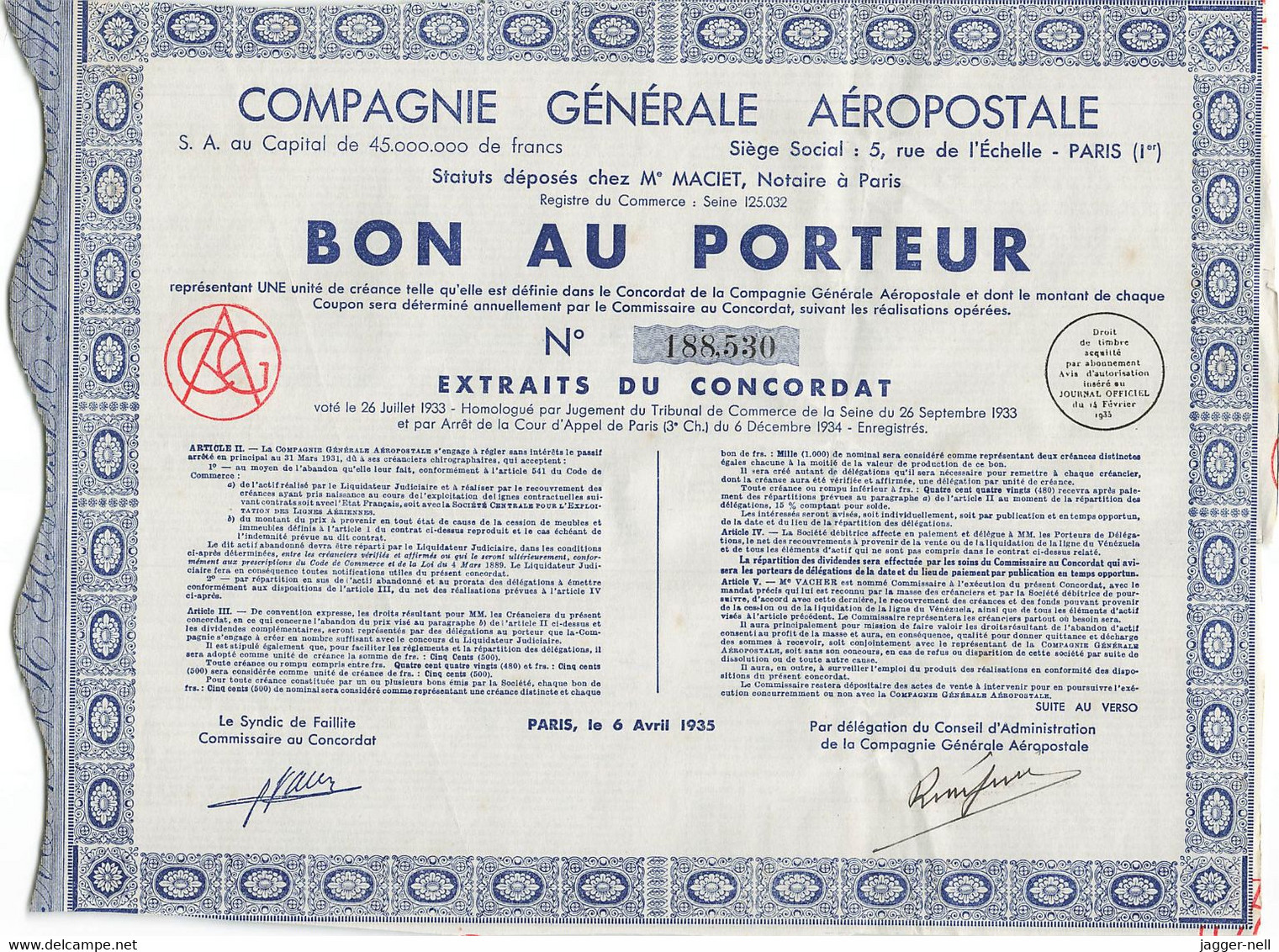 Superbe Lot de 40 "Bon au Porteur" Compagnie Générale Aéropostale - Aviation - 6 Avril 1935 - N°188 410 à 188 530 -