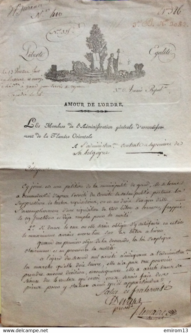 Amour De L’ordre Pétition Réquisition 1200 Bêtes à Cornes 19 Fructudose An 3 1794 Vignette Municipalité De Gand - Historical Documents